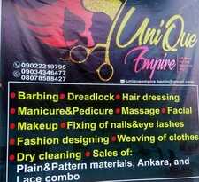 At UniQue Empire,   We specialize on the following:  Barbing  Dread locks and Dread maintance   Hairdressing (Any style of your choice)  General body massage  Manicure and pedicure  Facial treatment  Laundry and Dry cleaning  Fashion designing (Weaving of clothes)  Installation of car tracker  MakeUp  Fixing of Nails and Eye Lashes  Sales of Plain and Pattern materials, Ankara and Lace combo  All Our services are at affordable 